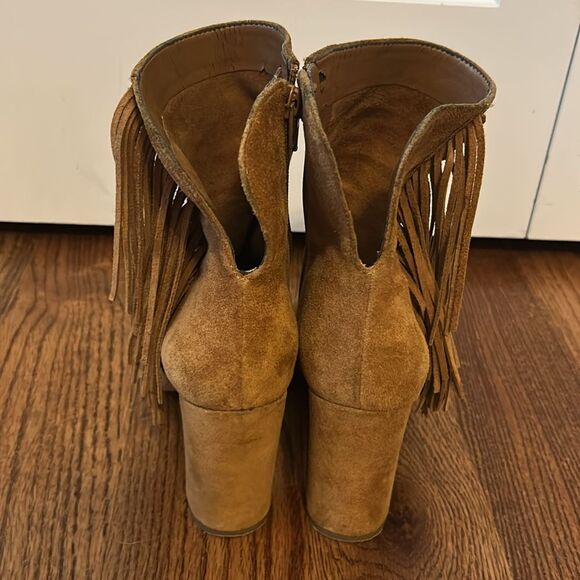 Gianni Bini Fringe Open Toe Tan Suede Leather Zip Booties Size 8.5 - Picture 4 of 5